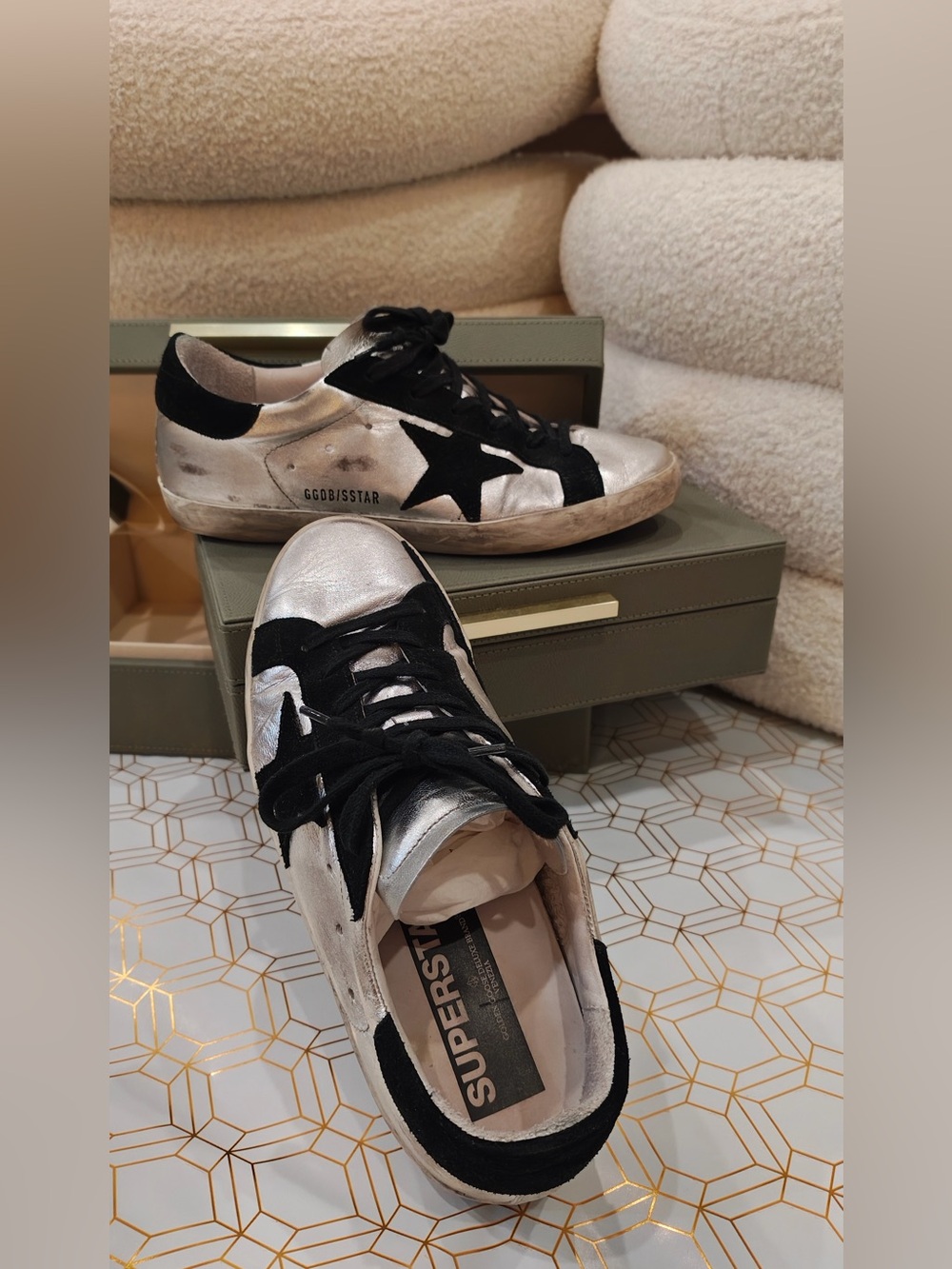 Golden Goose Silver and Black Superstar Sneakers